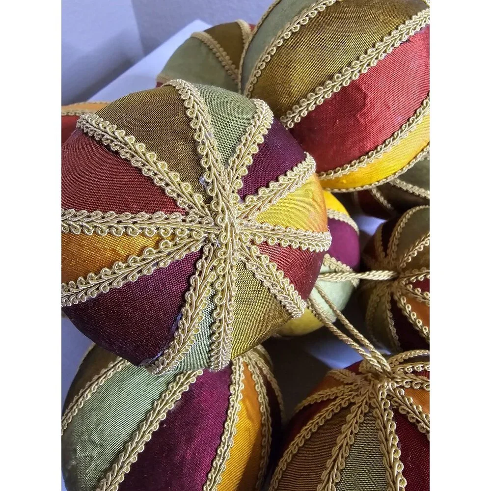 Set‎ Of 9 Vintage Luxurious Multicolor Christmas Ornaments Gold baubles Brocade